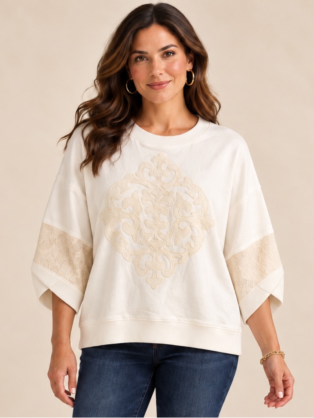 Democracy Ivory Embroidered Medallion Top with Tulip Cuffs – Size Large